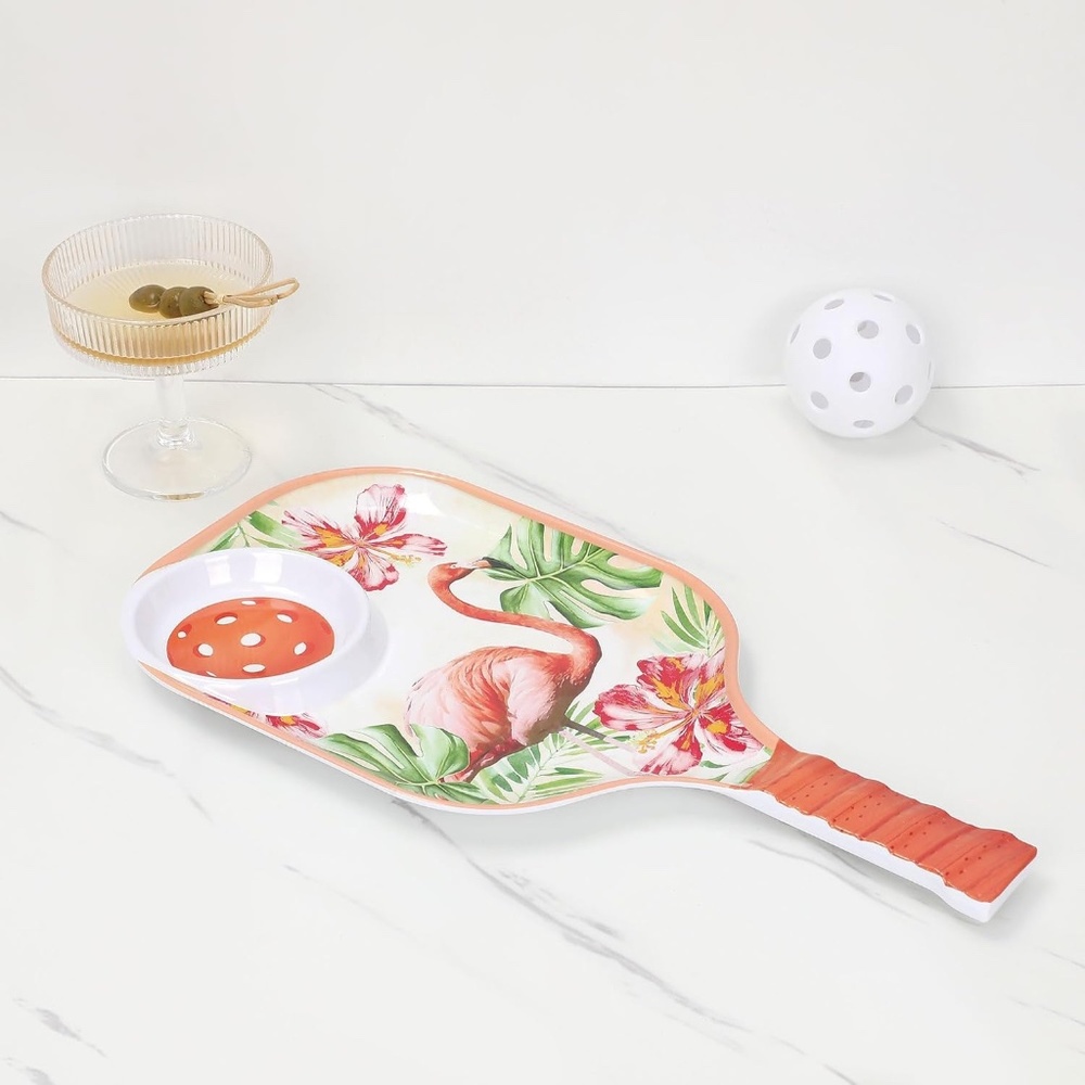 Flamingo Melamine Chip and Dip Tray, Tropical Floral Pickleball Paddle design. - Picture 6 of 9